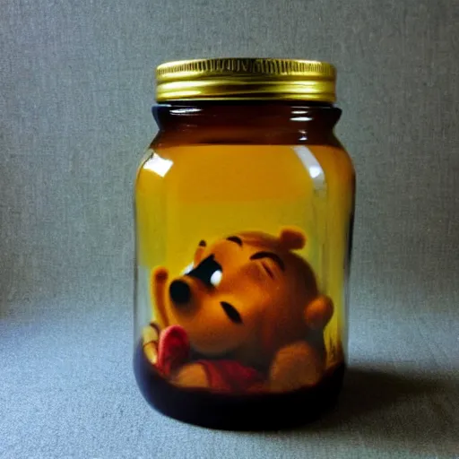 Prompt: a jar - sized winnie the pooh head = a jar of honey, surreal, realism