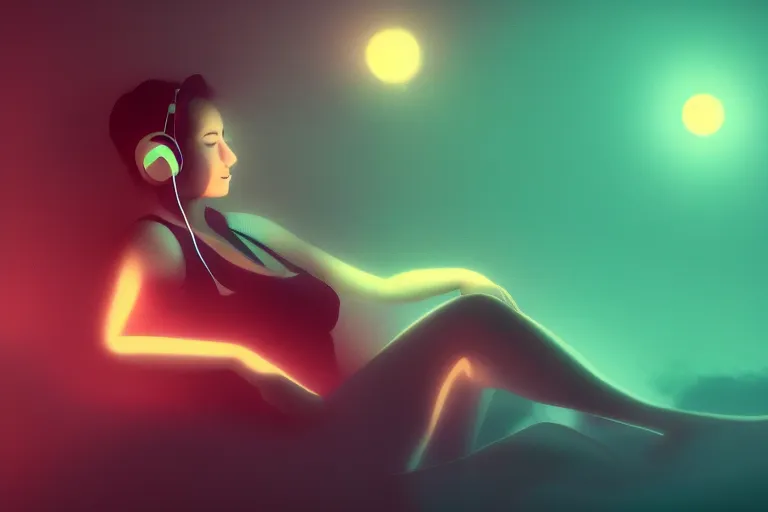 Prompt: a cute girl wearing headphones sitting on a cloud relaxing, misty, glows, digital art, hazy, foggy, ambient lighting, 8 k, neon, synthwave,