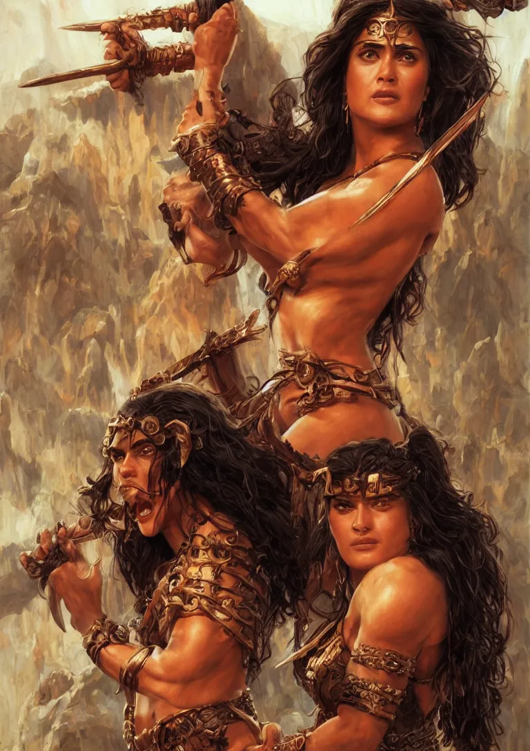 Image similar to young Salma Hayek as a barbarian from conan, detailed, centered, digital painting, artstation, concept art, donato giancola, Joseph Christian Leyendecker, WLOP, Boris Vallejo, Breathtaking, 8k resolution, extremely detailed, beautiful, establishing shot, artistic, hyperrealistic, beautiful face, octane render