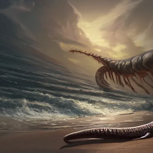 Prompt: a dying beached sea serpent washing up on the shore of a beach concept art by jaime jones, cgsociety, fantasy art, concept art, artstation hd, deviantart hd. masterpiece