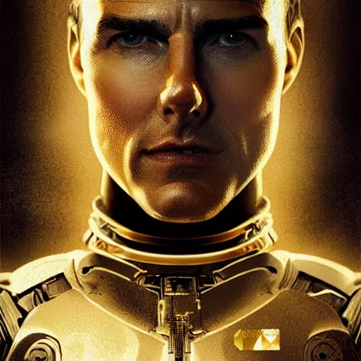 Image similar to tom cruise as a robot, digital art, octane render, highly detailed, featured on artstation, intricate gold etching