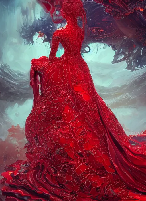 Image similar to woman in love sit upon a scarlet coloured beast, pain, royal dress, light effect, hyper detailed, intricate, atmospheric, elegant, highly detailed, digital painting, artstation, concept art, matte, sharp focus, illustration, by james jean, andrei riabovitchev, marc simonetti, yoshitaka amano