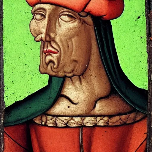 Image similar to skinny man with ugly deformed face wearing bright green cap and bodysuit, medieval painting