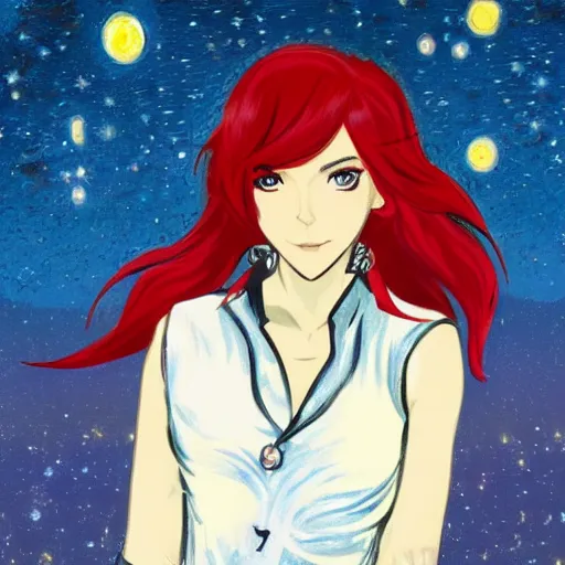 Image similar to full body portrait of Ruby Rose of RWBY, night time, star background, fantasy character portrait, casual pose, smiling, artwork by Vincent van Gogh and Amy Sherald, perfect face, simple form, 100m