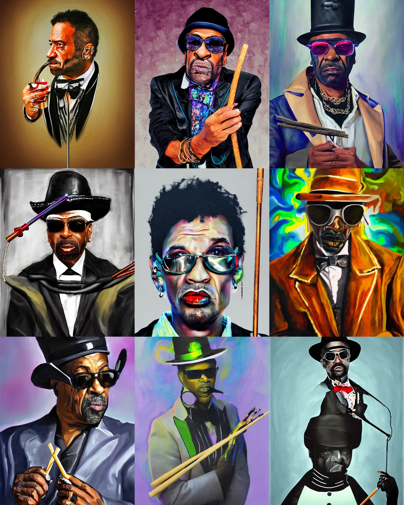 Prompt: artistic painting portrait of futuristic pimp with cane, techno-punk