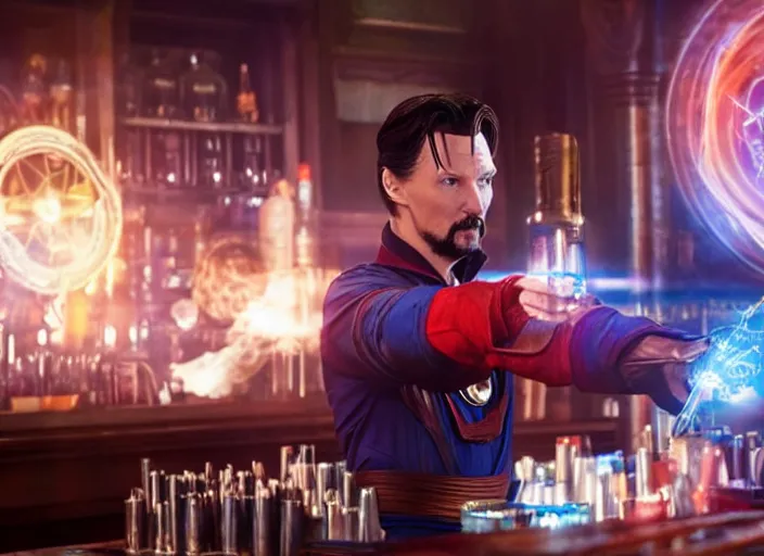 Image similar to film still of Doctor Strange working as a bartender in the new Avengers movie, 4k