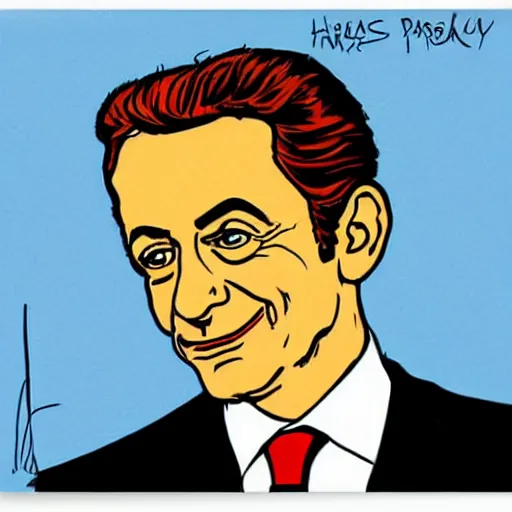 Image similar to portrait of Nicolas Sarkozy by Hergé, ligne claire french cartoon vivid colors