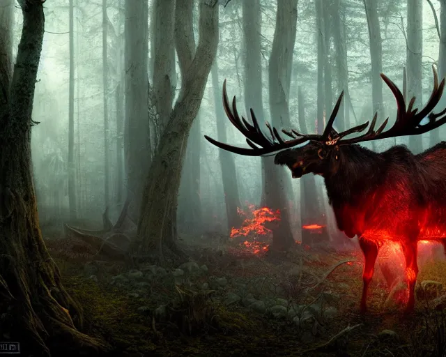 Image similar to 5 5 mm portrait photo of an armored demonic burning moose with red eyes antlers and looking at the camera, in a magical forest. magical atmosphere. art by greg rutkowski and luis royo. highly detailed 8 k. intricate. lifelike. soft light. nikon d 8 5 0.