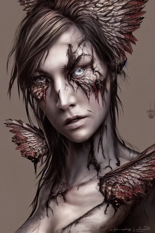 Image similar to character design, female wraith rising from ember ashes, tattered demonic wings, ultra detailed, digital art, 8k ,character ,realistic, portrait, hyperrealistic