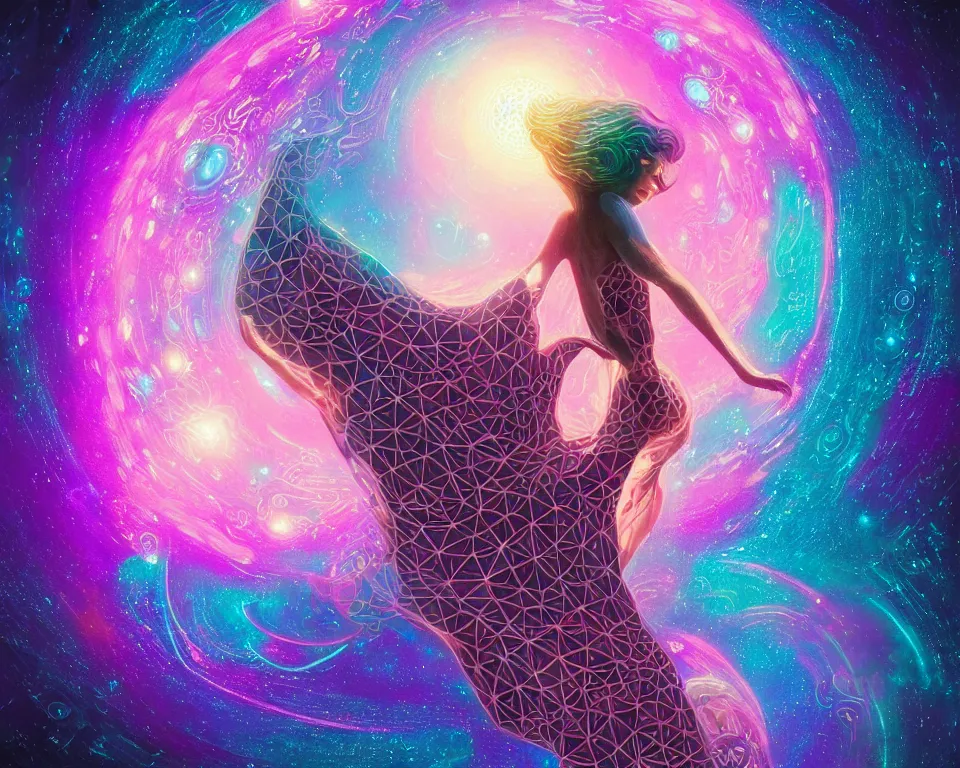 Image similar to a beautiful whimsical woman standing under a multi-colored binary blackhole with an accretion disc, casting magic, glowing trails following her arms, acidwave, intricate repeating geometric patterns, fractals, by Lois van Baarle, by Greg Rutkowski, by artgerm, by beeple, by moebius, cinematic angle, volumetric lighting, 4k resolution, octane render, trending on artstation, masterpiece