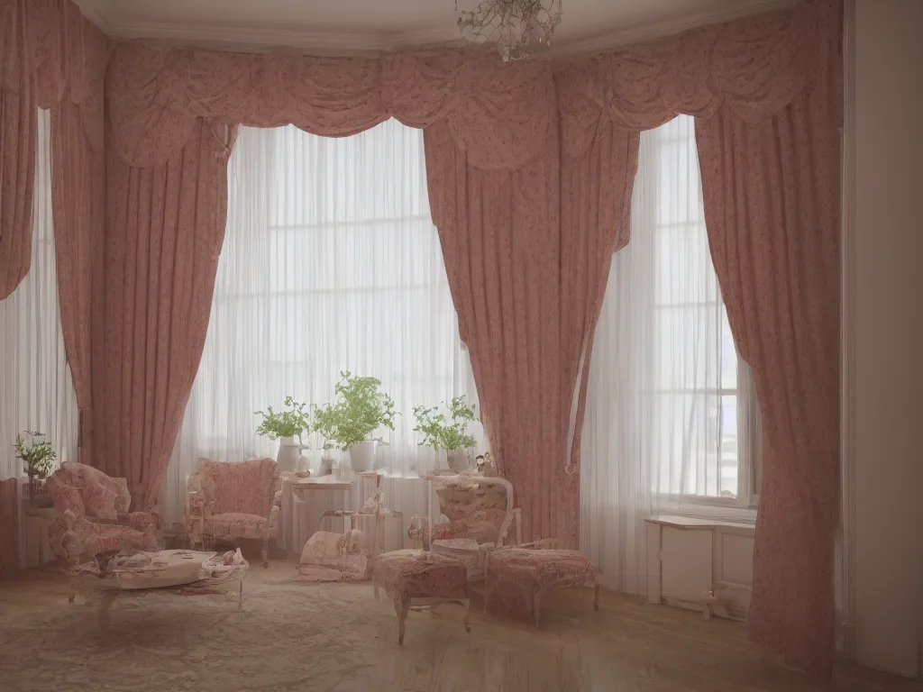 Image similar to 3D render of vintage interior house with very large curtains , High detail, Octane Render, pastel colors , lens 28mm, f 8,