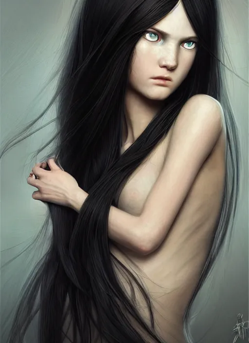 Image similar to a tall girl with long black hair and eyes with hands growing out of her belly, this girl is at school and a girl with blue eyes and blond long hair is crying behind her global illumination!! intricate, elegant, highly detailed, digital painting, artstation, concept art, smooth, sharp focus, illustration, art by artgerm and greg rutkowski and alphonse mucha