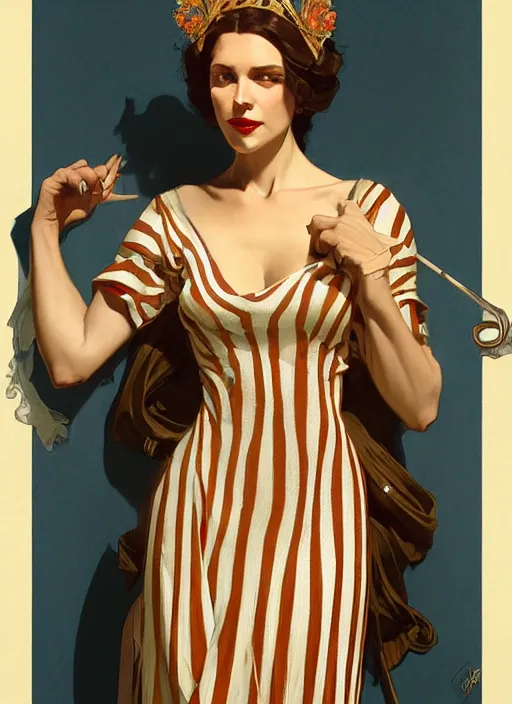 Prompt: leyendecker, brom, tiger striped high necked gown, lovely queen, portrait, long hair, small crown, feral languid woman, by greg rutkowski, anato finnstark, alphonse mucha, global illumination, radiant light