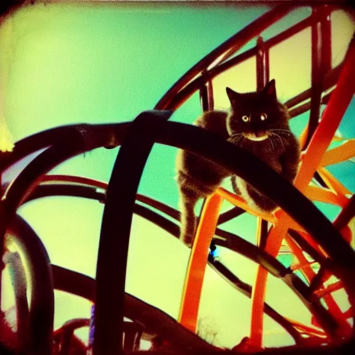 Image similar to black cat in a rollercoaster. the cat is enjoying the ride. sunlight. polaroid photo. saturated colors. selfie