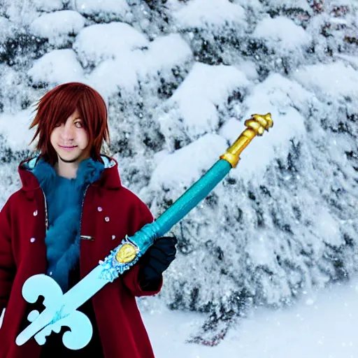 Image similar to of sora cosplay holding keyblade with snow background 35mm