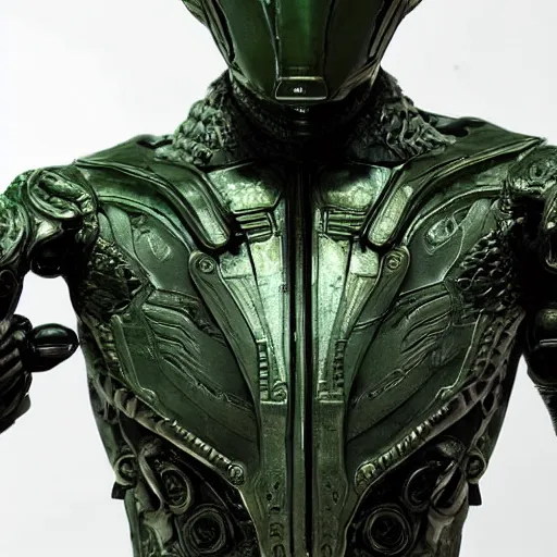 Prompt: Prometheus Engineer from the movie Prometheus (2012), highly detailed, symmetrical long head, raiden metal gear, cinematic smooth stone, deep aesthetic, concept art, post process, 4k, carved green metal texture and silk cloth, latex skin, highly ornate intricate details, in the style of frank miller