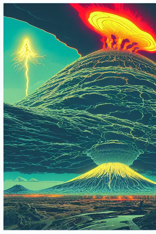 Image similar to artwork by kilian eng and ( dan mumford ) and toshi yoshida and franklin booth showing a gigantic futuristic powerstation!! in front of a ( ( exploding volcano ) ), vintage scifi, high details, dramatic lightning,, 8 k