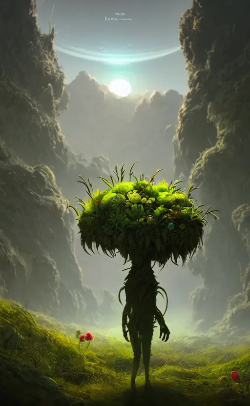 Image similar to a plant creature, plant filaments and flowers, walking on an alien planet with aliens plants, looking at an alien breathtaking landscape, cinematic lighting, concept art, artstation