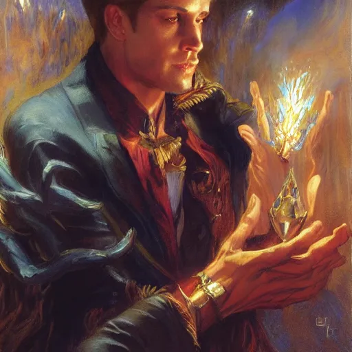 Image similar to attractive male magician casts dark spell, summoning handsome lucifer morningstar. highly detailed painting by gaston bussiere, craig mullins, j. c. leyendecker 8 k