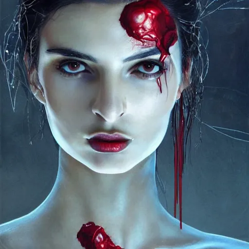 Image similar to Emily Ratajkowski is a bio mechanical cyborg, physically accurate, very dramatic dynamic lighting, intricate, very very elegant, blood red pool of water, highly detailed, digital painting, artstation, very hyperrealistic, HR GIGER, Hieronymus Bosch, Francis Bacon, concept art, smooth, sharp focus, illustration, art by artgerm and greg rutkowski and alphonse mucha