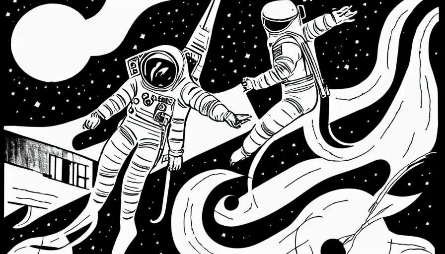 Image similar to travel to the moon in a dream, style of graphic novel, style of will eisner, black outline, on white, smooth, thin sharp lines, detailed