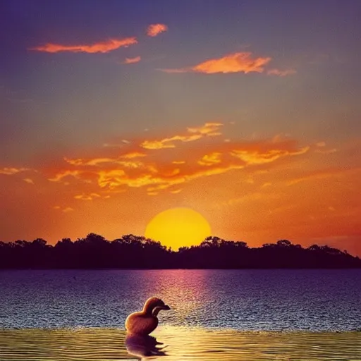 Prompt: the buddha riding a duck into the sunset
