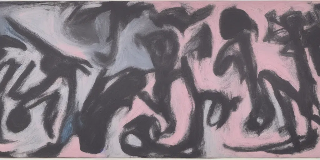 Image similar to large black white painting by de kooning on white canvas, soft blue and pink tints, thin black lines, detailed by martha jungwirth drawing sketch pencil on paper, painted by yves tanguy, oil on canvas, mark rothko painting, thick impasto, broad campitures