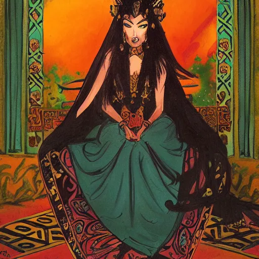 Prompt: an illustration of a dark queen on a throne, oriental, arabic, at night by marc davis, realistic, gouache, painting