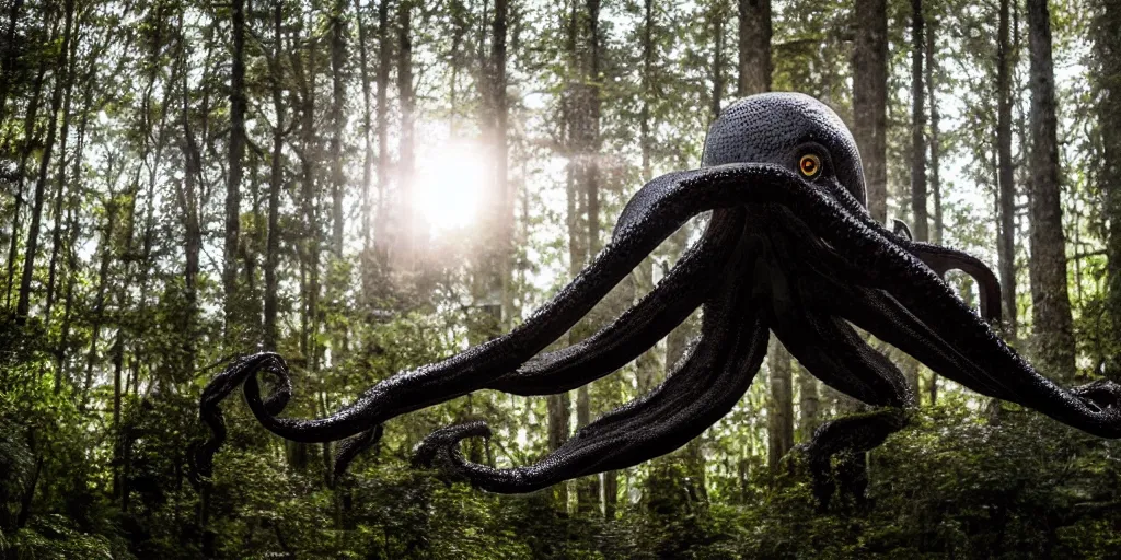 Image similar to a highly detailed giant black octopus god in the middle of a forest, winding around trees, beautiful ambient light, sun rays hitting the slightly transparent creature, 8k photography