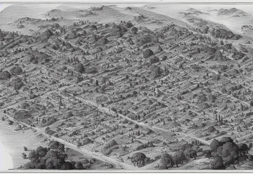 Prompt: A forested hill surrounded by a city, isometric view, engraving, black and white
