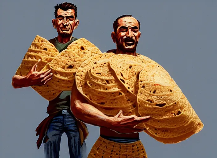 Image similar to two men made out of tortillas, their whole body is a tortilla, they are holding microphones, by marco bucci and frank frazetta, style of magic the gathering, high resolution, fantasy coloring, intricate, digital painting, artstation, smooth, sharp focus