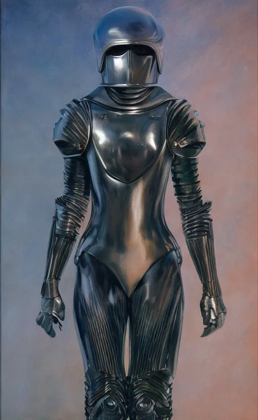 Image similar to full body portrait of beautiful gothic and futuristic fashion model, elegant smooth space armour, cyber armour, helmet, highly detailed, artstation, illustration, composition, 8 k quality, art by jean delville, rene magritte, hyperrealism oil painting