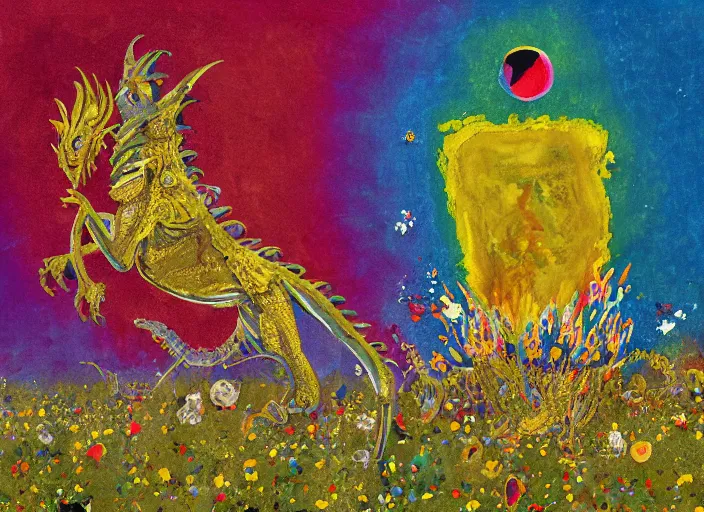 Image similar to expressionistic decollage painting golden armor alien zombie horseman riding on a crystal bone dragon broken rainbow diamond maggot horse in a blossoming meadow full of colorful mushrooms and golden foil toad blobs in a golden sunset, distant forest horizon, painted by Mark Rothko, Helen Frankenthaler, Danny Fox and Hilma af Klint, pixelated, semiabstract, color field painting, byzantine art, voxel art, pop art look, naive, outsider art. Barnett Newman painting, part by Philip Guston and Edward Robert Hughes art by Adrian Ghenie, 8k, extreme detail, intricate detail, masterpiece