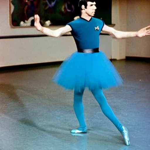 Prompt: color photo of spock wearing a blue tutu!!! taking ballet lessons from a female klingon!!!!!!!!!!!!!