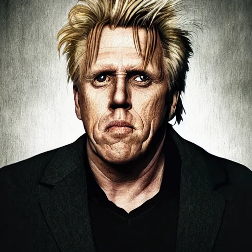 Image similar to Sinister Gary Busey portrait, gloomy