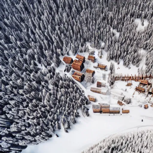 Image similar to sattelite image of post pocaliptic snow from 250 meters height, only snow, old lumber mill remains, few boozes with wood and supply, beautiful winter area