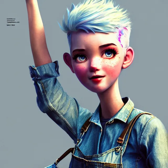 Image similar to full body pose, beautiful adult book fairy, pixar, short white hair shaved sides, dirty, grungy, grunge, long sleeve, painted overalls, stacks of giant books, highly detailed, 4 k, hdr, smooth, sharp focus, high resolution, award - winning photo, artgerm, photorealistic