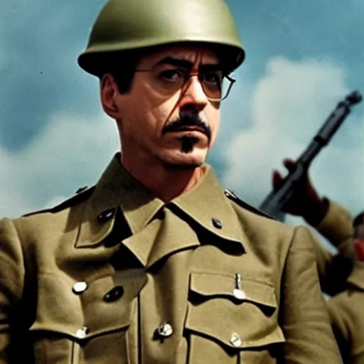 Image similar to robert downey jr as a us ww 2 soldier during the liberation of france, highly detailed, cinematic lighting, photorealistic