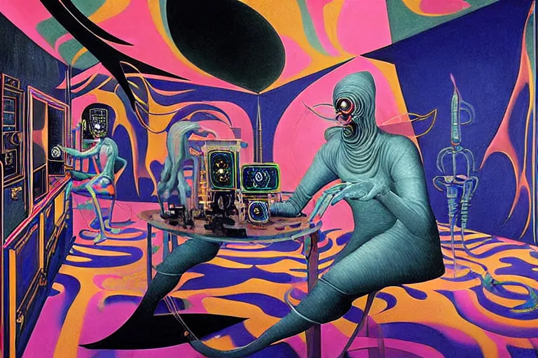 Image similar to a highly detailed beautiful masterpiece painting of a technomancer wizard in dazzle camouflage robes with pointed hood discussing sentience with his synthesized AI djinn hologram in his laboratory near a computer by Remedios Varo and Anato Finnstark and Greg Rutkowski and Andy Warhol and Francis Picabia, dayglo pink, dayglo blue, prismatic, pearlescent white, raven black, hyperrealism, 8k, trending on ArtStation, rendered in Octane, rendered in Unreal engine, award winning, volumetric lighting