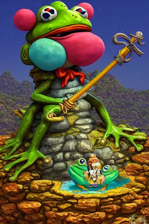 Image similar to clown frog king pulls the sword from the stone, artwork by Todd Schorr, 3D rendering by Beeple