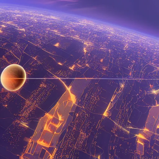 Image similar to gigantic city seen from spce with cinematic light, 8 k landscape render, space station flying in the sky