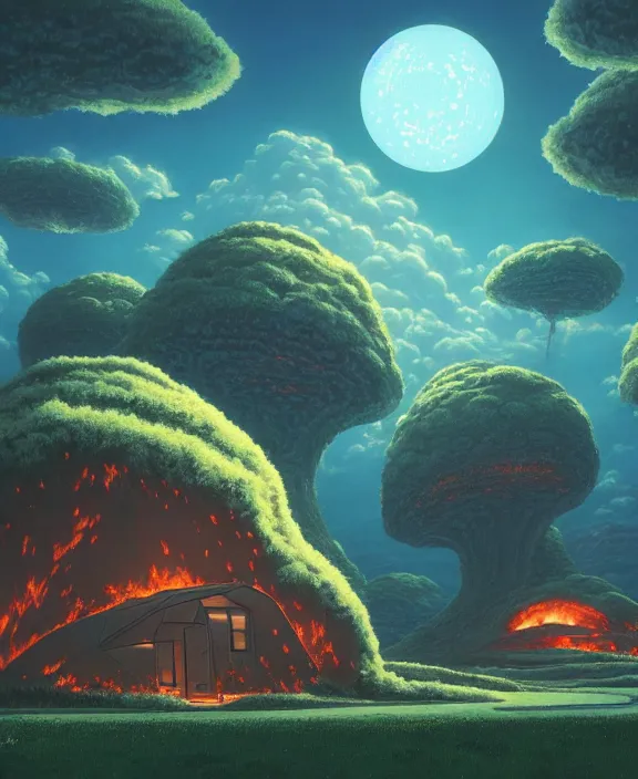 Image similar to simplicity, an elegant home made out of exotic fungus, overgrown with shiny blobs, spaceship, sci - fi, robots, sleek, partly cloudy, hellscape, fire, brimstone, lava, by dan mumford, yusuke murata, makoto shinkai, ross tran, cinematic, unreal engine, cel shaded, featured on artstation, pixiv