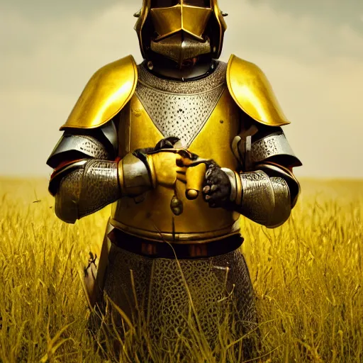 Prompt: A fancy portrait of a yellow medieval Holy Knight with a helmet on in a field of grass by Greg Rutkowski, Sung Choi, Mitchell Mohrhauser, Maciej Kuciara, Johnson Ting, Maxim Verehin, 8k photorealistic, volumetric lighting, HD, high details, dramatic, trending on artstation