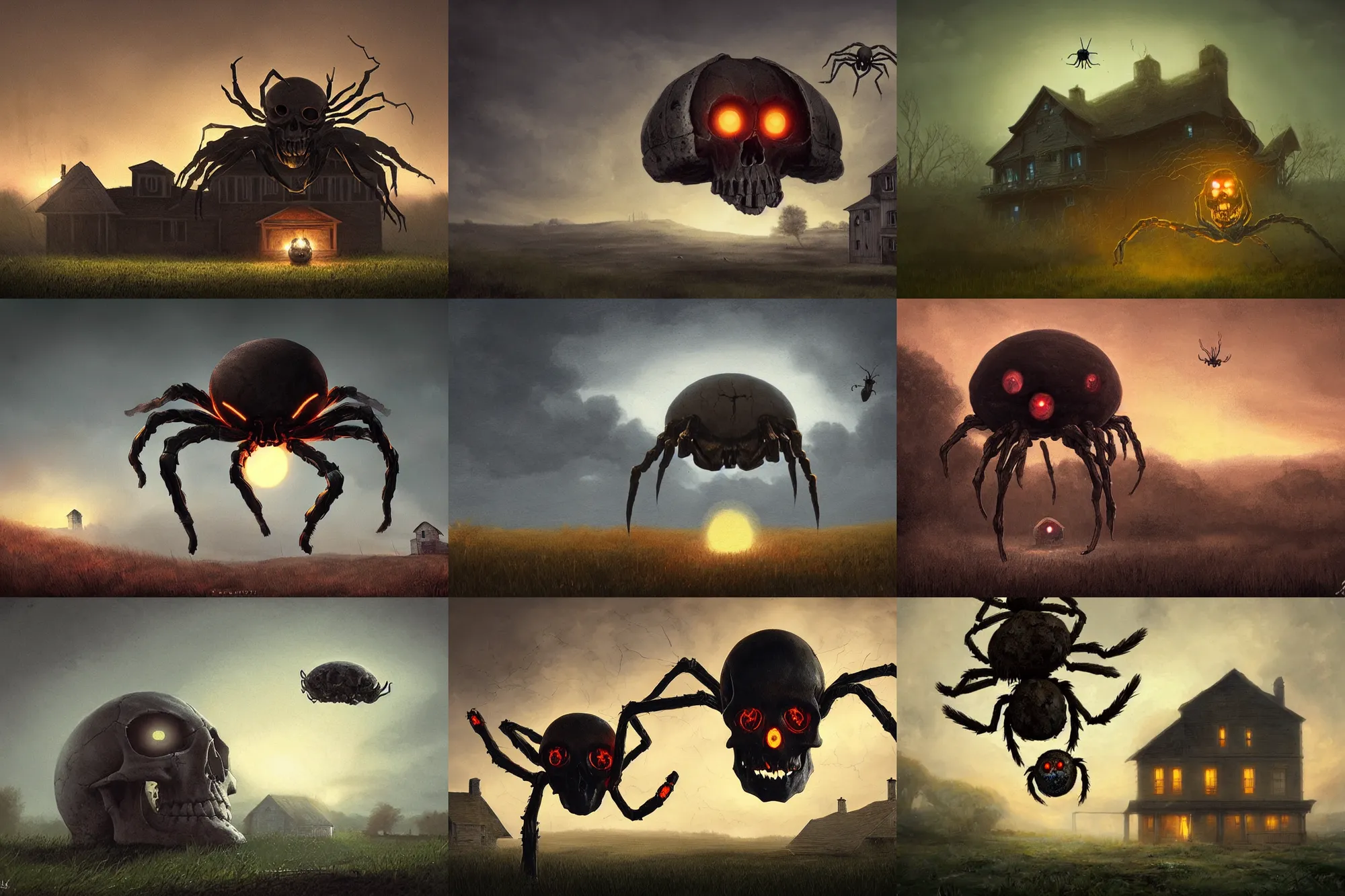 Prompt: giant skull spider with bright glowing eyes at dusk, hovering over farmhouse, in the style of Greg rutkowski