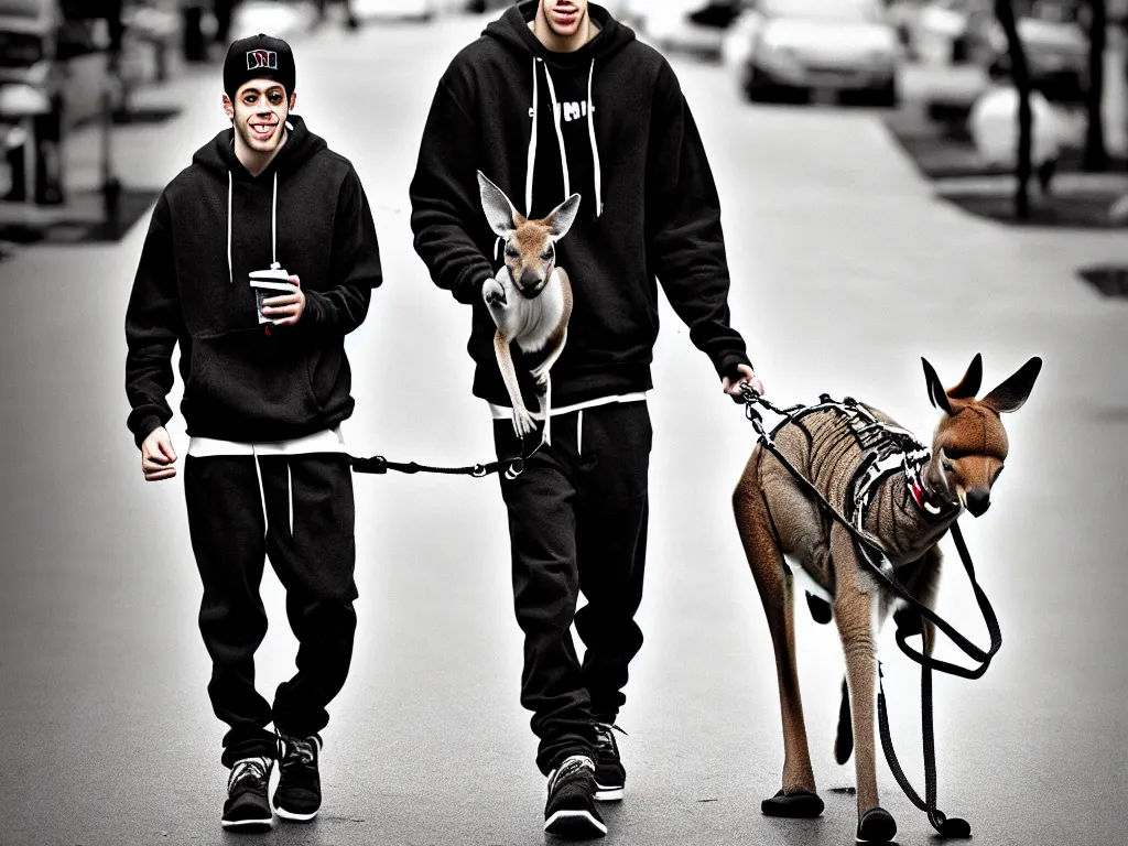 Image similar to pete davidson walking a kangaroo, 4k, trending on artstation, photorealistic, hyper detailed,