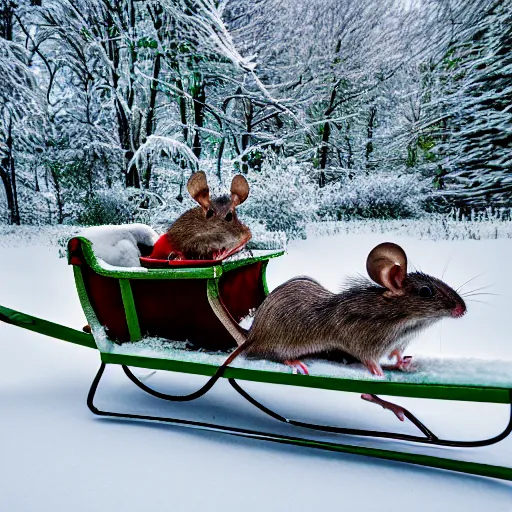 Image similar to mice riding a sleigh in the snow, white and grey, green trees, award winning macro shot, in focus, national geographic