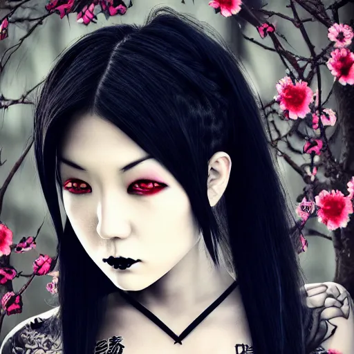 Image similar to japanese gothic model with maximalist hair style and kanji tattoos, dark colors, fashion model, portrait shot, depth of field, 8 k, hyper detailed, intricate, trending on artstation