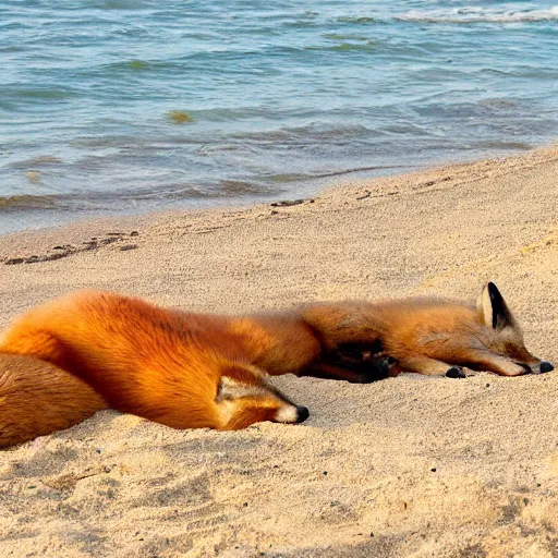 Image similar to foxes sleeping on a beach on a sunny day, sand and water, peaceful ambience