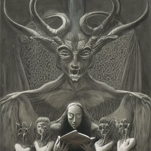 Image similar to Baphomet is reading a book, children gather around him by Zdzisław Beksiński