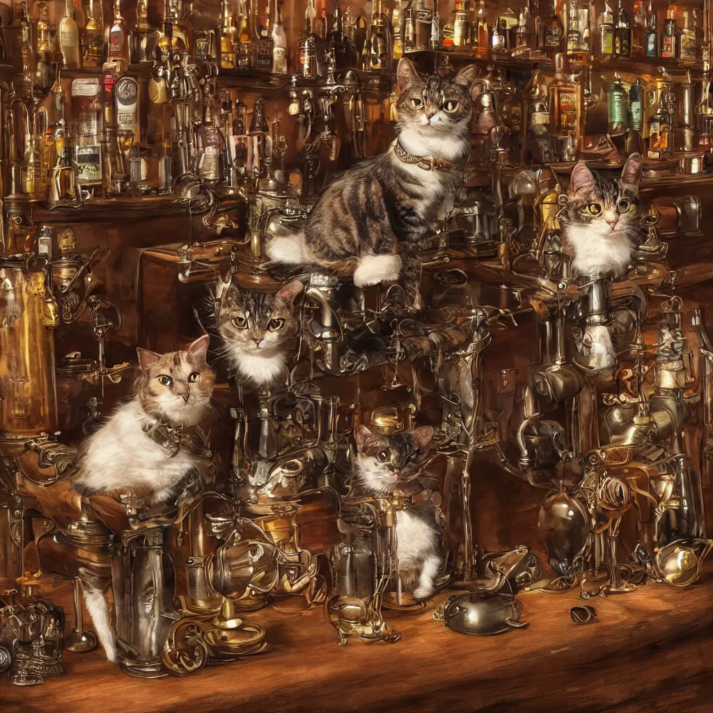 Prompt: photorealistic steampunk cat sitting at a bar